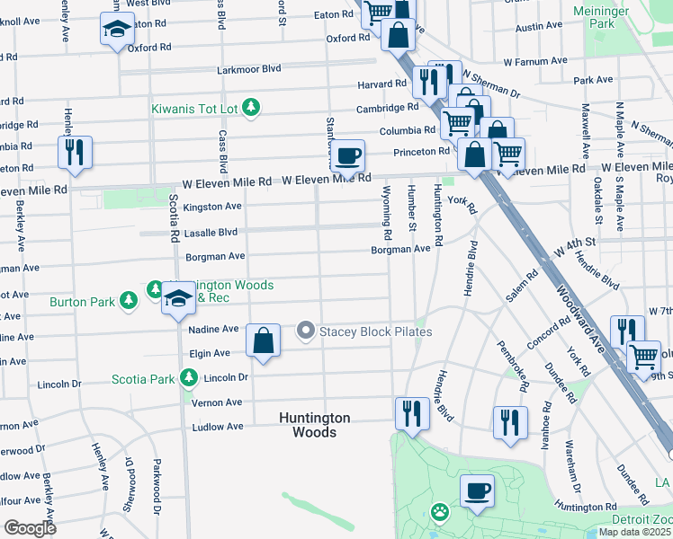 map of restaurants, bars, coffee shops, grocery stores, and more near 10134 Talbot Avenue in Huntington Woods