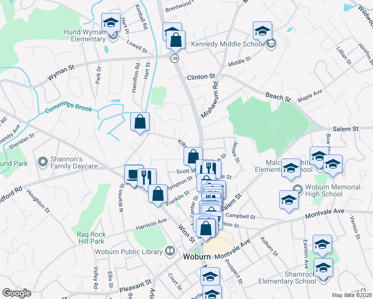 map of restaurants, bars, coffee shops, grocery stores, and more near 12 Kilby Street in Woburn