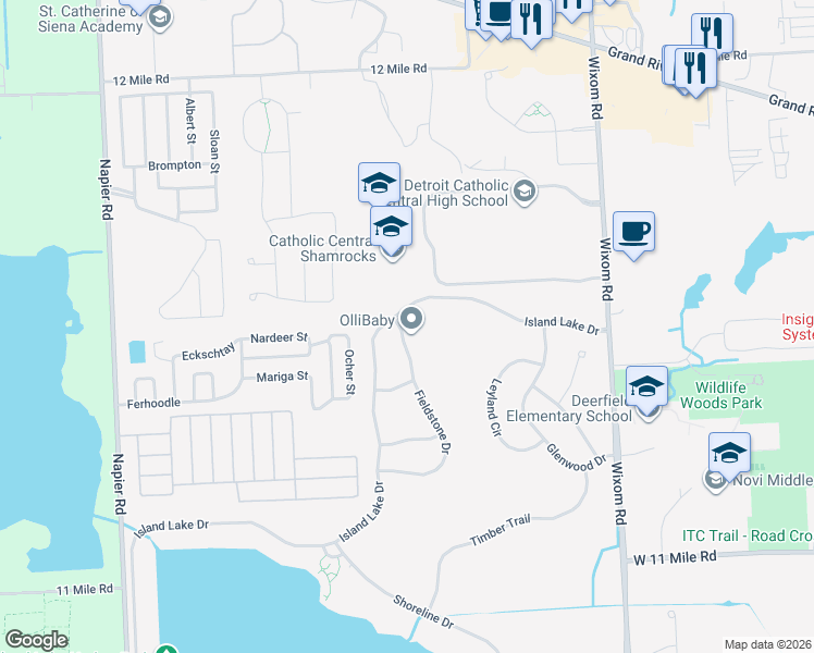 map of restaurants, bars, coffee shops, grocery stores, and more near 26436 Fieldstone Drive in Novi