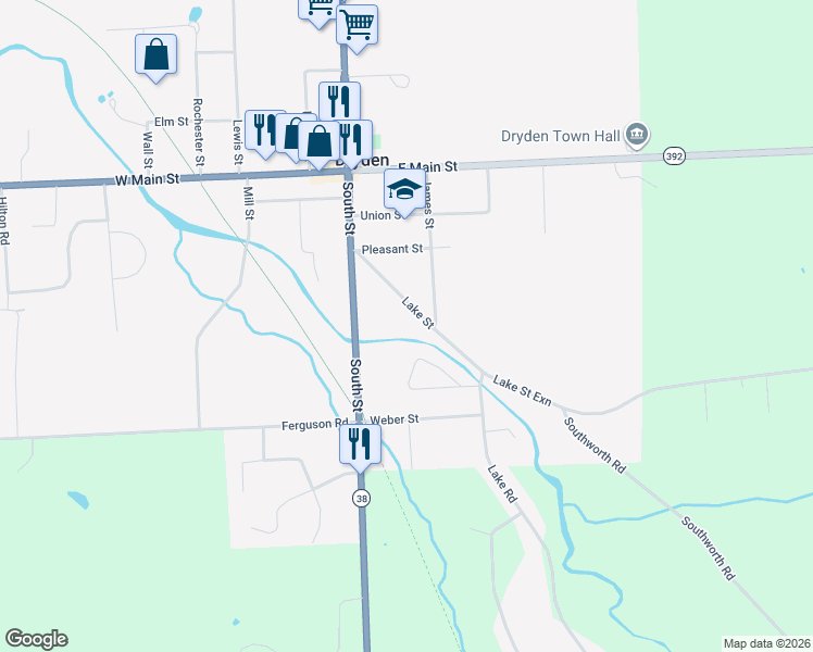 map of restaurants, bars, coffee shops, grocery stores, and more near 26 Lake St in Dryden