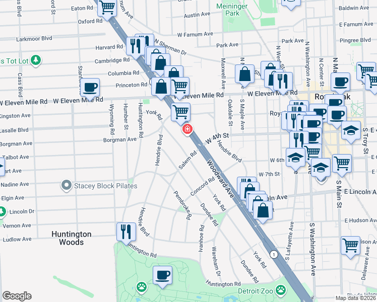 map of restaurants, bars, coffee shops, grocery stores, and more near 26630 York Road in Royal Oak