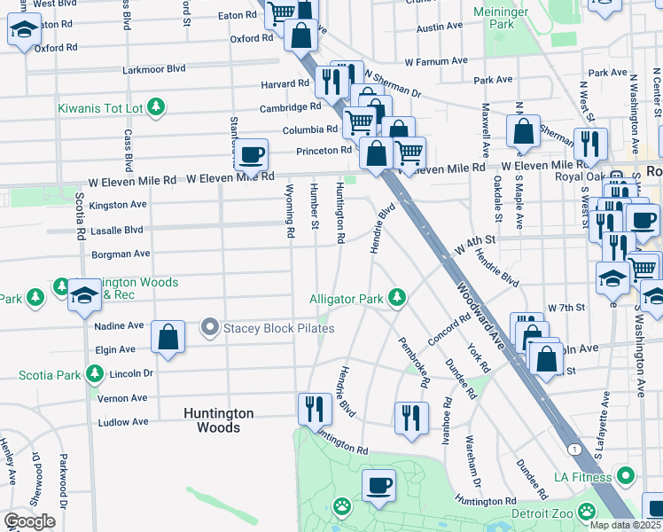 map of restaurants, bars, coffee shops, grocery stores, and more near 26413 Huntington Road in Huntington Woods