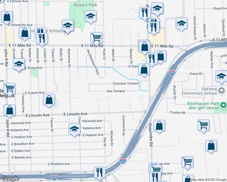 map of restaurants, bars, coffee shops, grocery stores, and more near 1453 Ann Terrace in Madison Heights