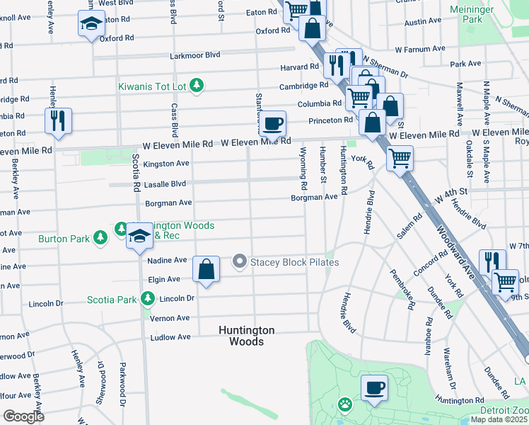 map of restaurants, bars, coffee shops, grocery stores, and more near 10134 Talbot Avenue in Huntington Woods