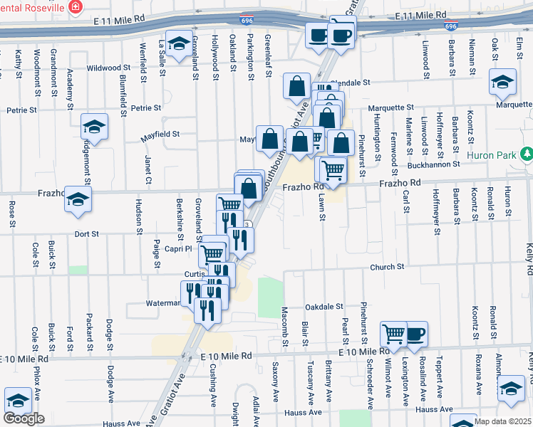 map of restaurants, bars, coffee shops, grocery stores, and more near 25950 Gratiot Avenue in Roseville