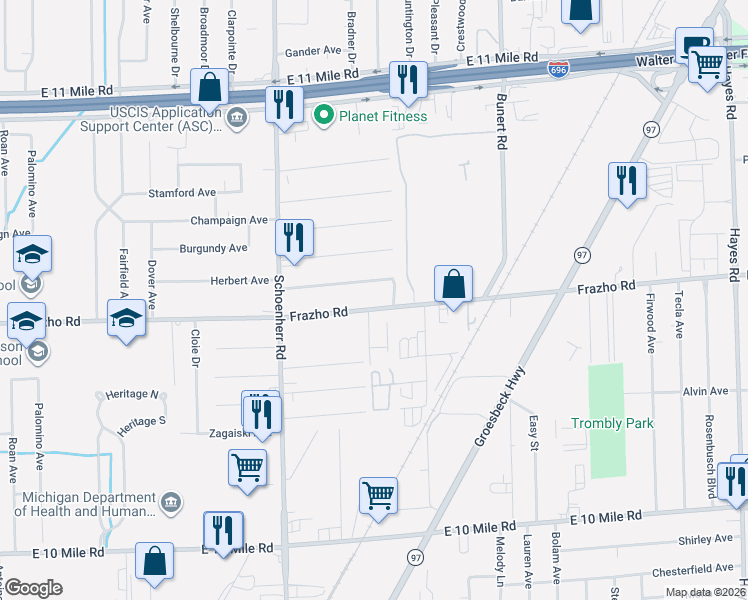 map of restaurants, bars, coffee shops, grocery stores, and more near 13919 Frazho Road in Warren