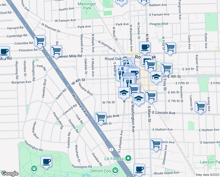 map of restaurants, bars, coffee shops, grocery stores, and more near 511 South Laurel Street in Royal Oak
