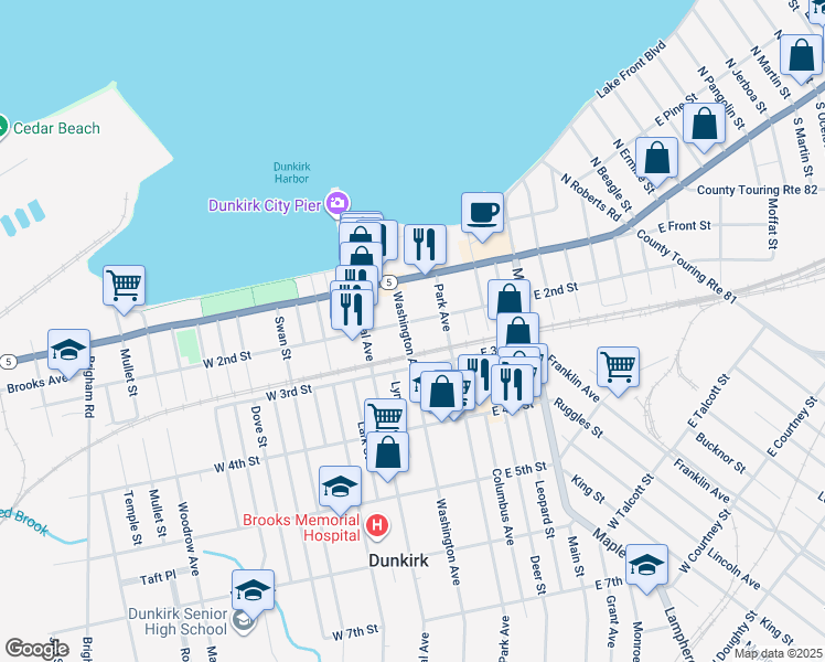 map of restaurants, bars, coffee shops, grocery stores, and more near 220 Washington Avenue in Dunkirk