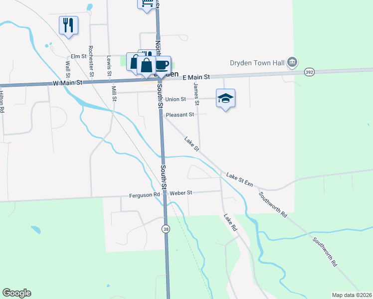 map of restaurants, bars, coffee shops, grocery stores, and more near 26 Lake St in Dryden