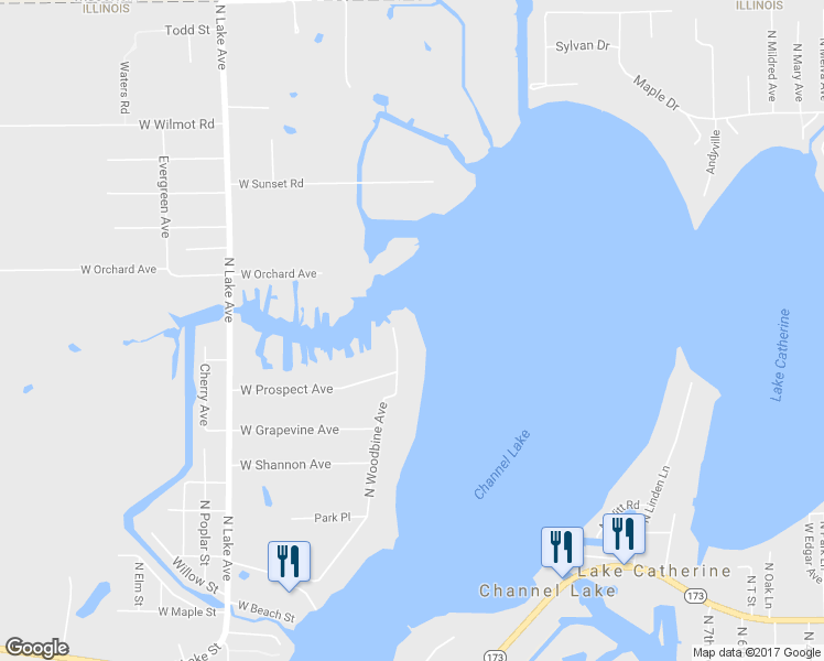 map of restaurants, bars, coffee shops, grocery stores, and more near 42825 North Woodbine Avenue in Antioch