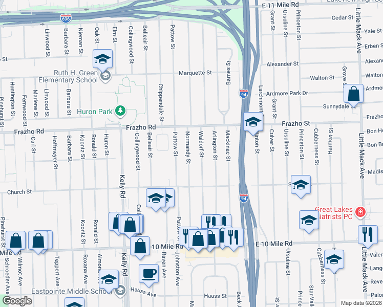 map of restaurants, bars, coffee shops, grocery stores, and more near 25764 Normandy Street in Roseville