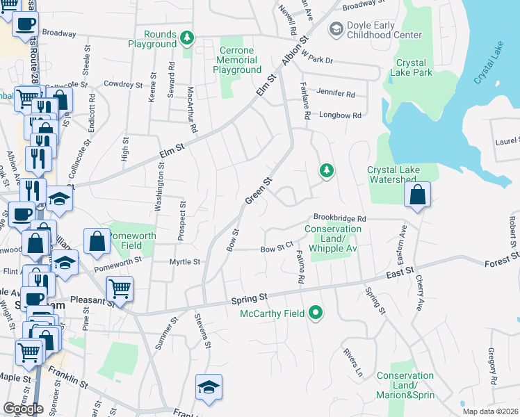 map of restaurants, bars, coffee shops, grocery stores, and more near 165R Green Street in Stoneham