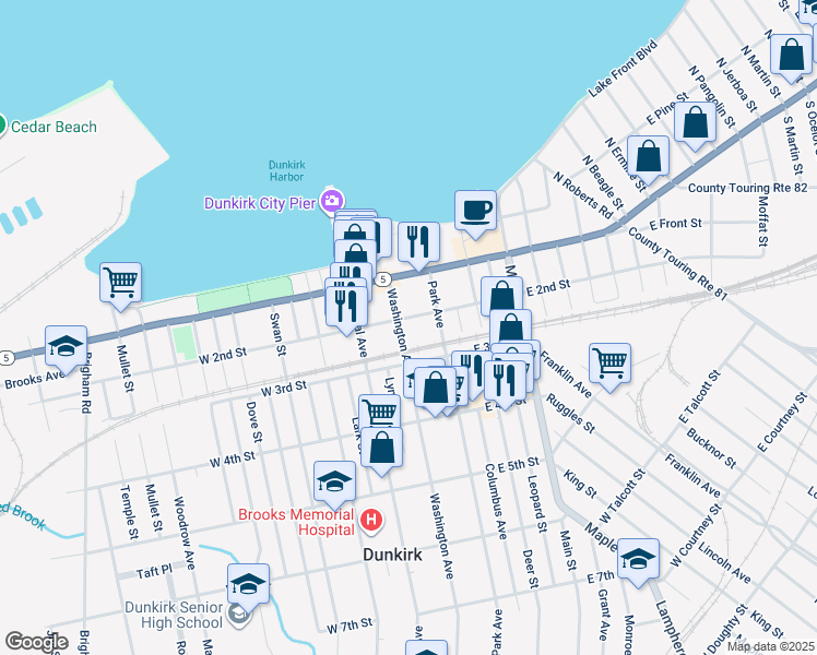 map of restaurants, bars, coffee shops, grocery stores, and more near 220 Washington Avenue in Dunkirk
