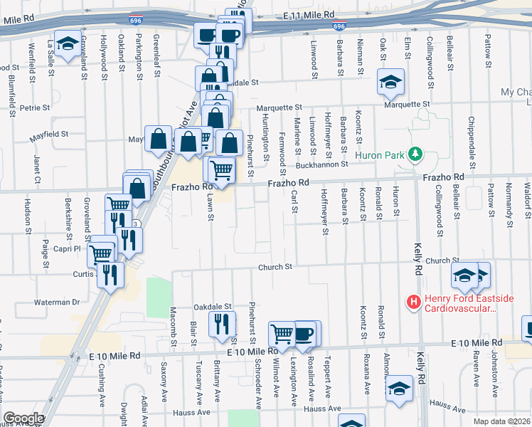 map of restaurants, bars, coffee shops, grocery stores, and more near 25743 Salem Street in Roseville