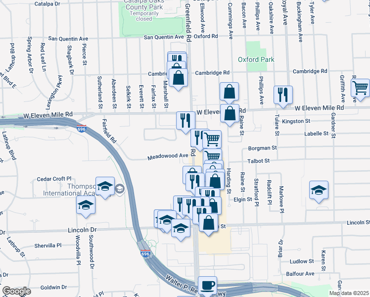 map of restaurants, bars, coffee shops, grocery stores, and more near 15610 Fairfield Road in Southfield