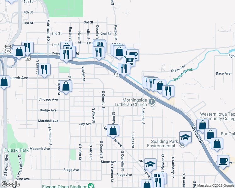 map of restaurants, bars, coffee shops, grocery stores, and more near 501-599 Cornelia Street South in Sioux City