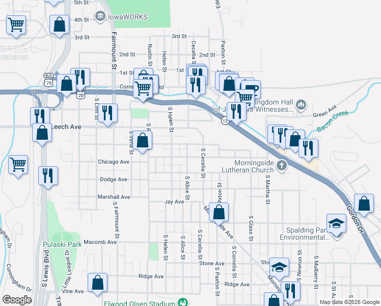 map of restaurants, bars, coffee shops, grocery stores, and more near 3101-3199 Chicago Avenue in Sioux City