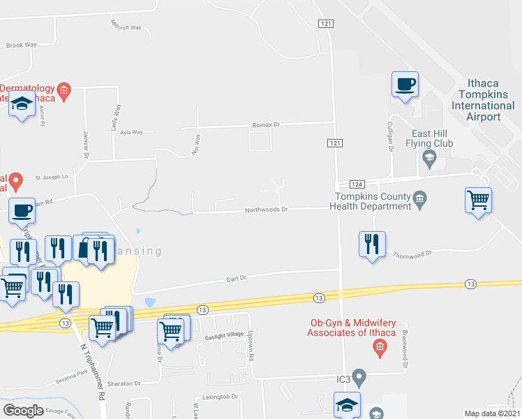 map of restaurants, bars, coffee shops, grocery stores, and more near Northwoods Drive in Ithaca