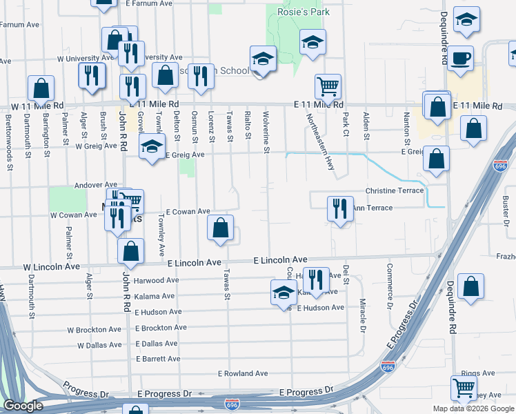 map of restaurants, bars, coffee shops, grocery stores, and more near 26281 Wolverine Street in Madison Heights