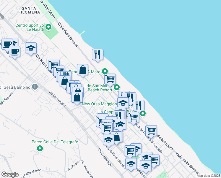 map of restaurants, bars, coffee shops, grocery stores, and more near 281 Viale della Riviera in Pescara