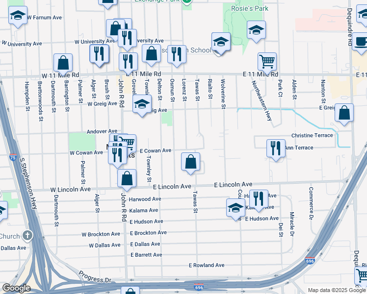 map of restaurants, bars, coffee shops, grocery stores, and more near 26305 Lorenz Street in Madison Heights