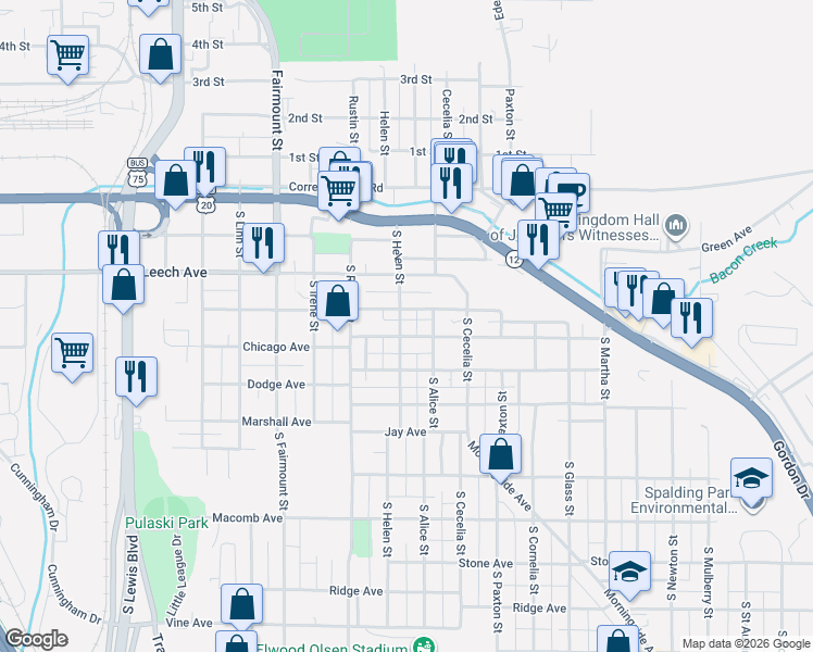 map of restaurants, bars, coffee shops, grocery stores, and more near 518 South Helen Street in Sioux City
