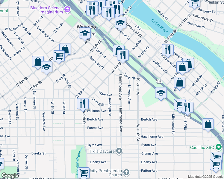 map of restaurants, bars, coffee shops, grocery stores, and more near 1205 Randolph Street in Waterloo