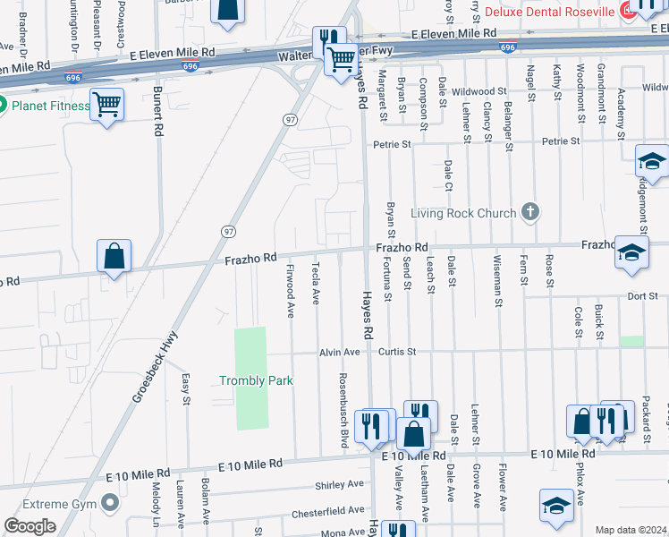 map of restaurants, bars, coffee shops, grocery stores, and more near 25885 Rosenbusch Boulevard in Warren