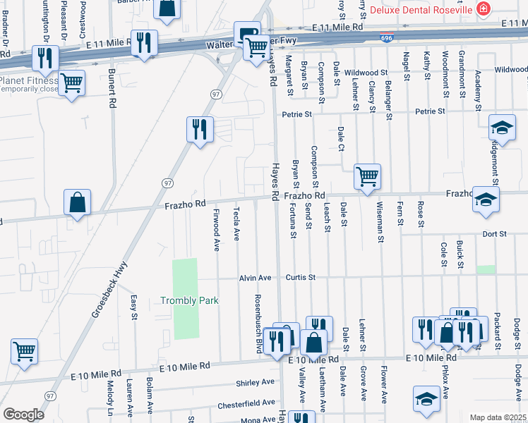 map of restaurants, bars, coffee shops, grocery stores, and more near 25875 Hayes Road in Warren