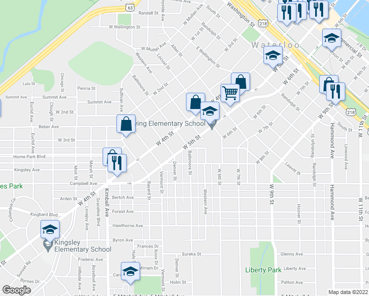 map of restaurants, bars, coffee shops, grocery stores, and more near 1307 West 5th Street in Waterloo