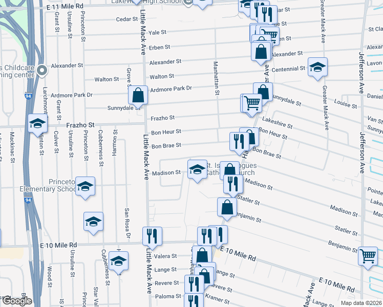 map of restaurants, bars, coffee shops, grocery stores, and more near 21007 Lakeland Street in St. Clair Shores