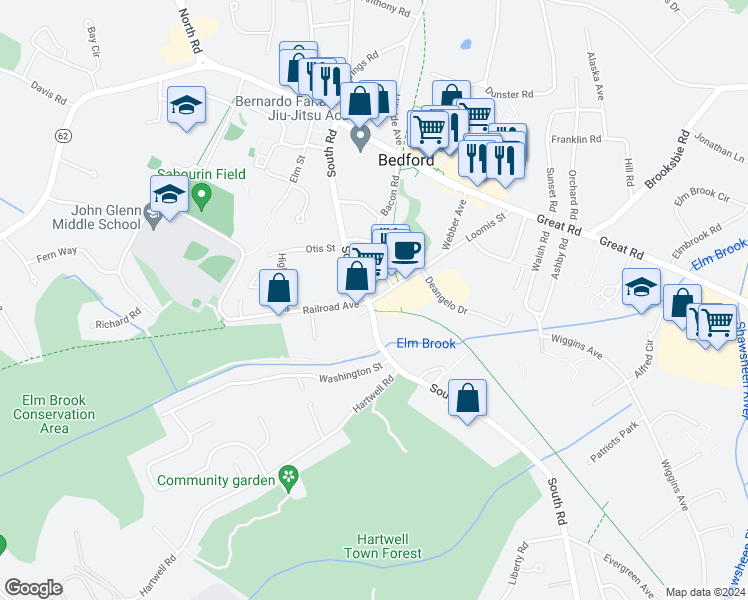map of restaurants, bars, coffee shops, grocery stores, and more near 94 Loomis Street in Bedford