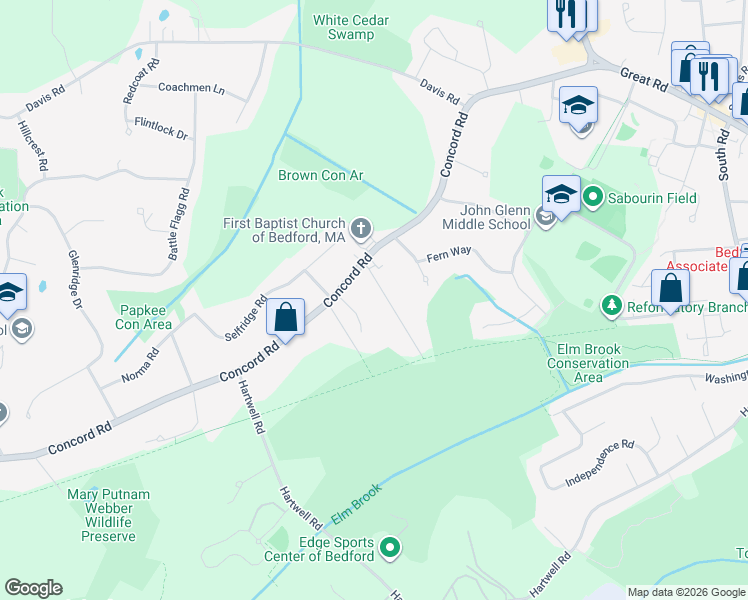 map of restaurants, bars, coffee shops, grocery stores, and more near 5 Evans Avenue in Bedford