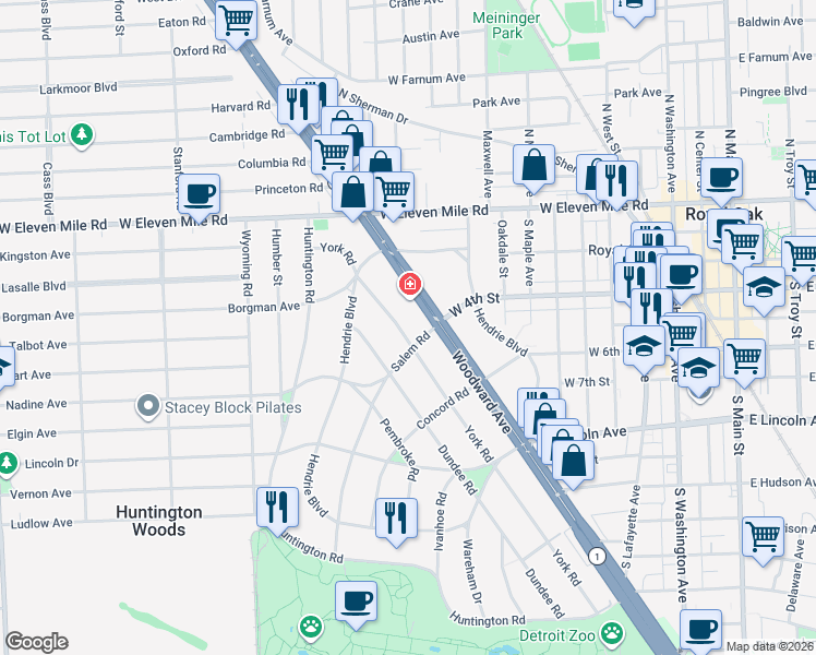 map of restaurants, bars, coffee shops, grocery stores, and more near 26630 York Road in Royal Oak