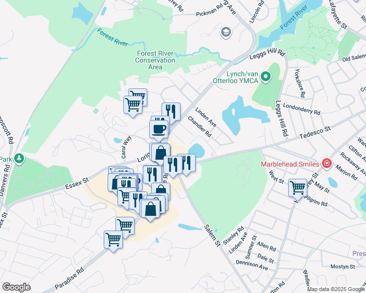 map of restaurants, bars, coffee shops, grocery stores, and more near 20 Maple Avenue in Salem