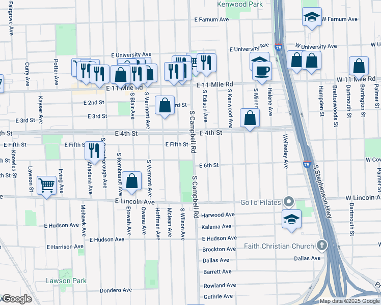 map of restaurants, bars, coffee shops, grocery stores, and more near 514 South Campbell Road in Royal Oak