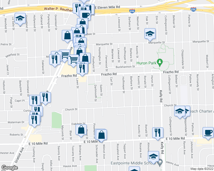 map of restaurants, bars, coffee shops, grocery stores, and more near 17937 Phyllis Street in Roseville