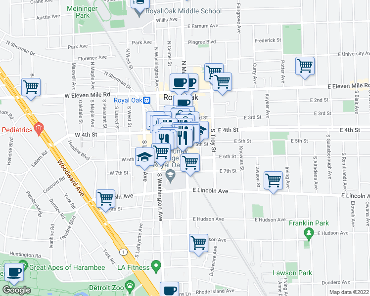 map of restaurants, bars, coffee shops, grocery stores, and more near 599 South Center Street in Royal Oak