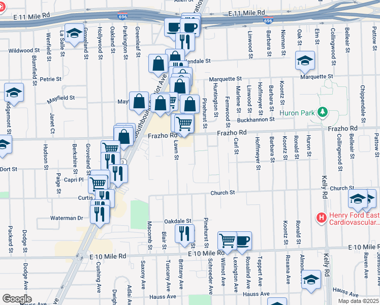 map of restaurants, bars, coffee shops, grocery stores, and more near 25826 Lawn Street in Roseville