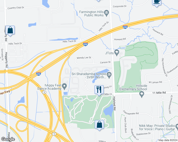 map of restaurants, bars, coffee shops, grocery stores, and more near 133 Fox Pointe Townhouses in Farmington Hills
