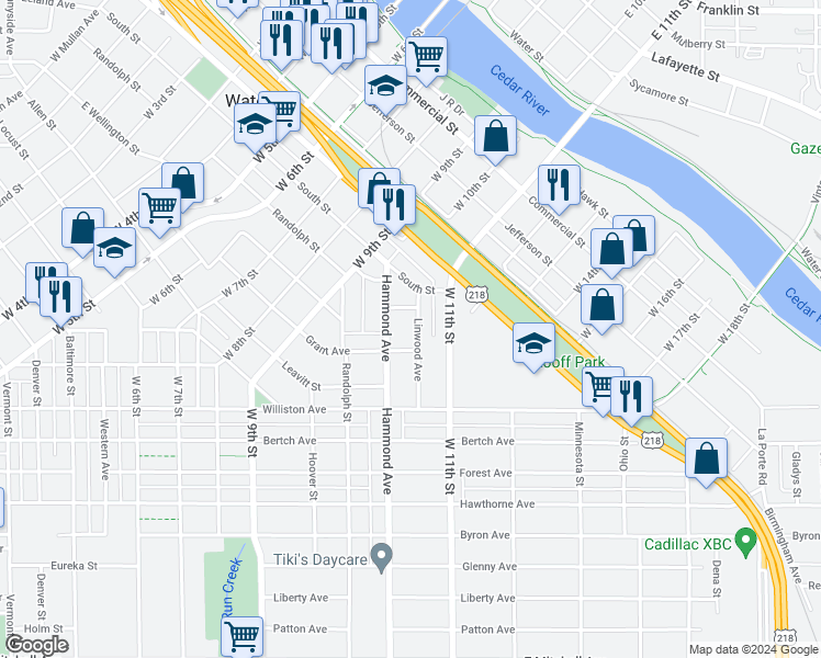 map of restaurants, bars, coffee shops, grocery stores, and more near 146 Linwood Avenue in Waterloo