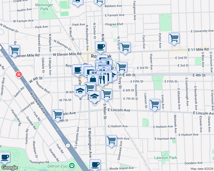 map of restaurants, bars, coffee shops, grocery stores, and more near 505 South Main Street in Royal Oak