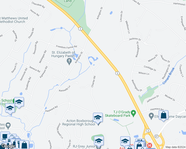map of restaurants, bars, coffee shops, grocery stores, and more near 86 Charter Road in Acton