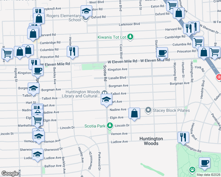 map of restaurants, bars, coffee shops, grocery stores, and more near 12702 Talbot Avenue in Huntington Woods