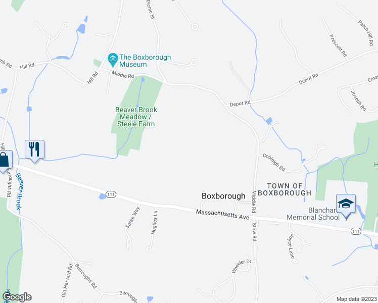 map of restaurants, bars, coffee shops, grocery stores, and more near 296 Middle Road in Boxborough