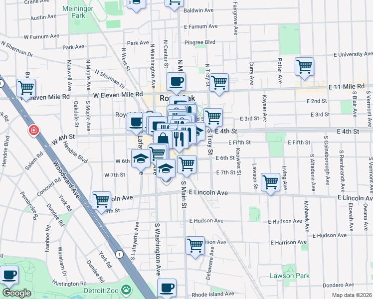 map of restaurants, bars, coffee shops, grocery stores, and more near 511 South Main Street in Royal Oak