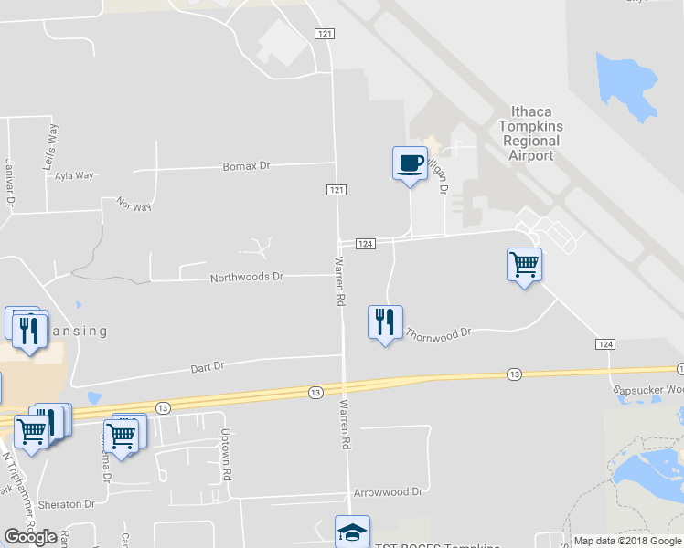 map of restaurants, bars, coffee shops, grocery stores, and more near 693 Warren Road in Ithaca