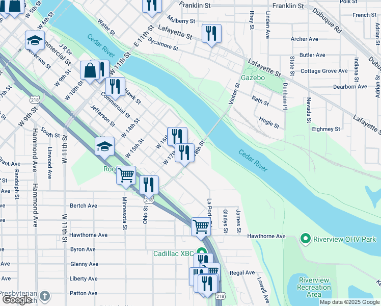 map of restaurants, bars, coffee shops, grocery stores, and more near 1915 Commercial St in Waterloo