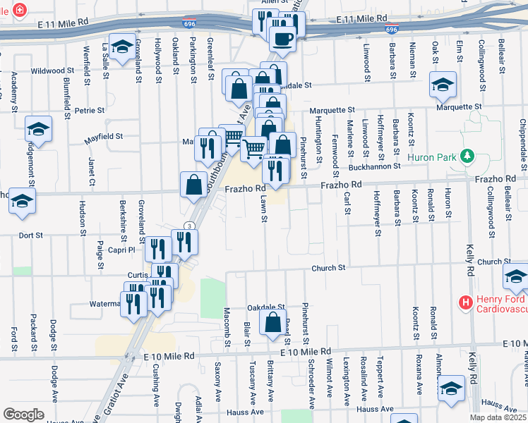 map of restaurants, bars, coffee shops, grocery stores, and more near 25847 Lawn Street in Roseville