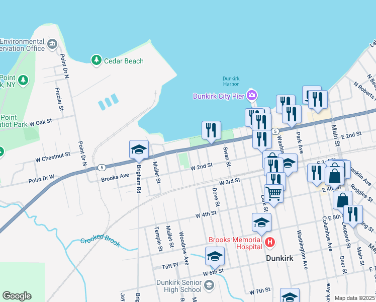 map of restaurants, bars, coffee shops, grocery stores, and more near 121 Robin Street in Dunkirk